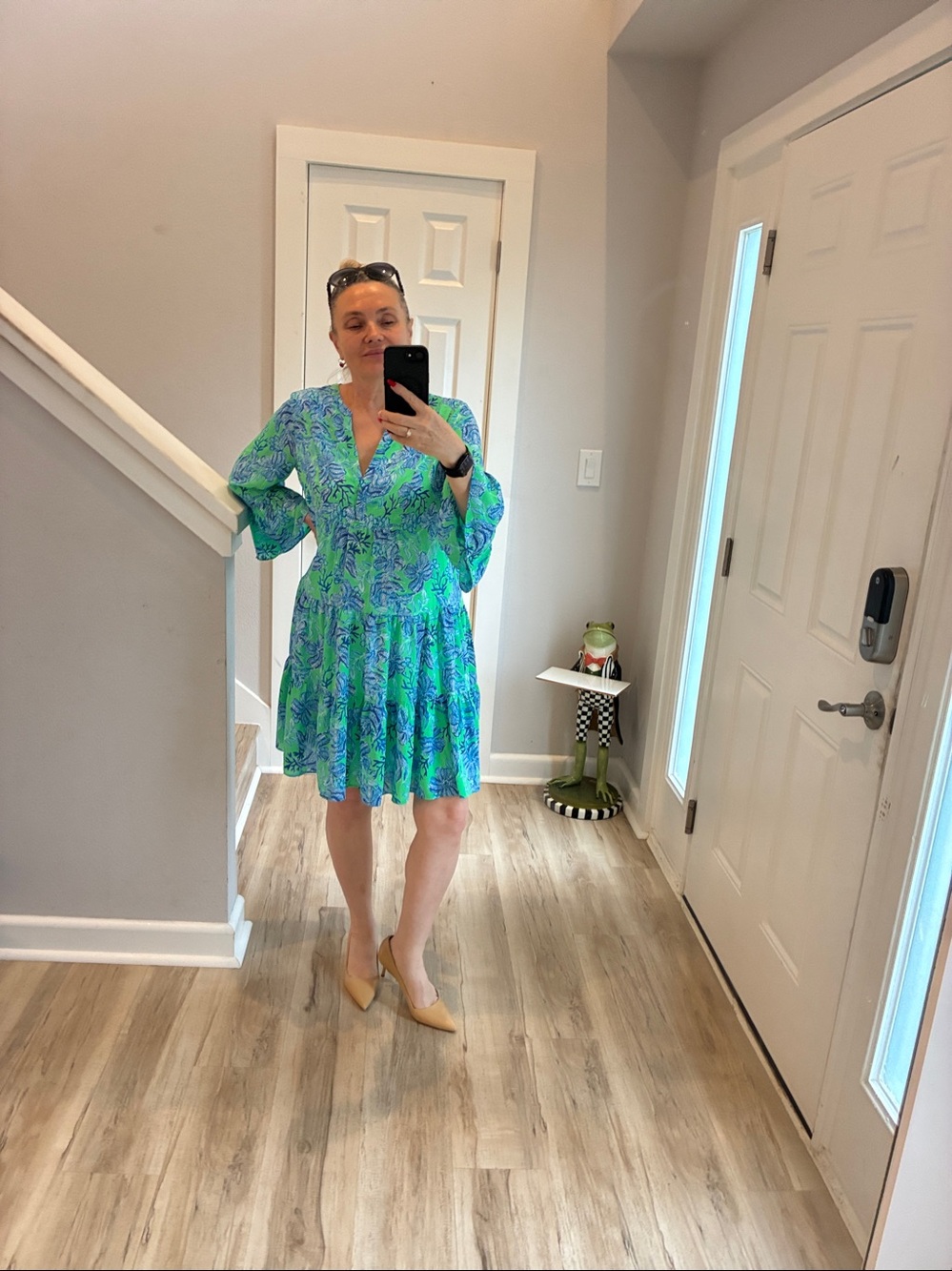 Vibrant Green & Blue Floral V-Neck Tiered Dress. by Lily Pulitzer - Picture 5 of 9